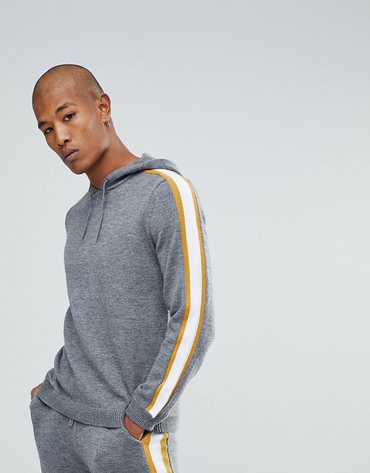 Asos Knitted Hoodie With Side Stripe - Gray