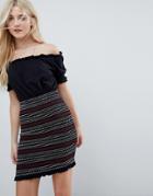 Asos Off Shoulder Sundress With Shirred Embroidered Skirt Panel - Black