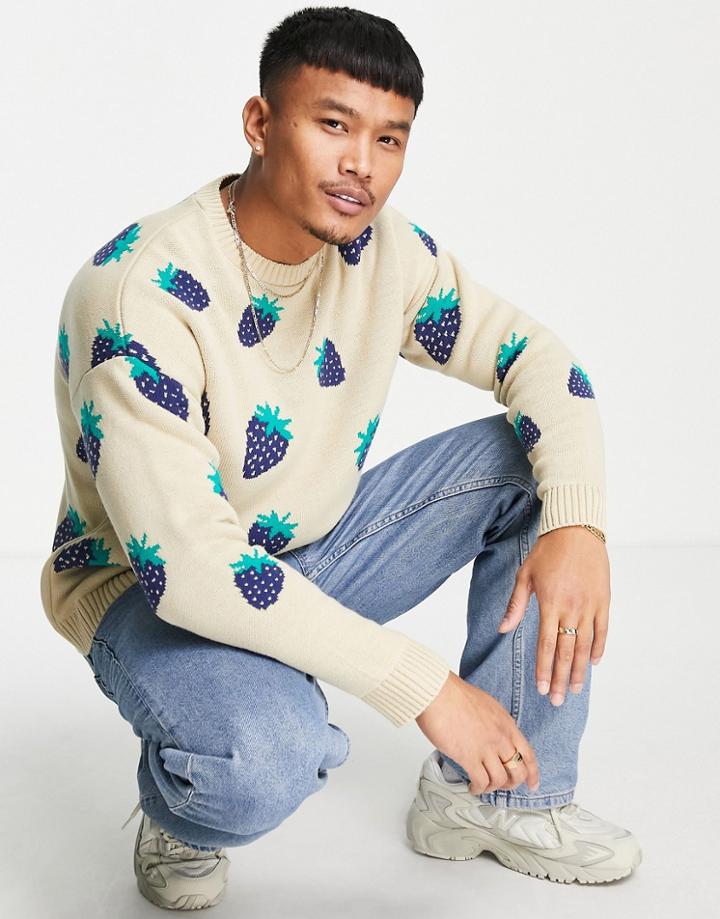 Asos Design Knitted Sweater With Strawberry Design In Beige-neutral