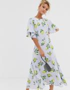 Never Fully Dressed Cap Sleeve Midaxi Dress In Lemon Print-multi