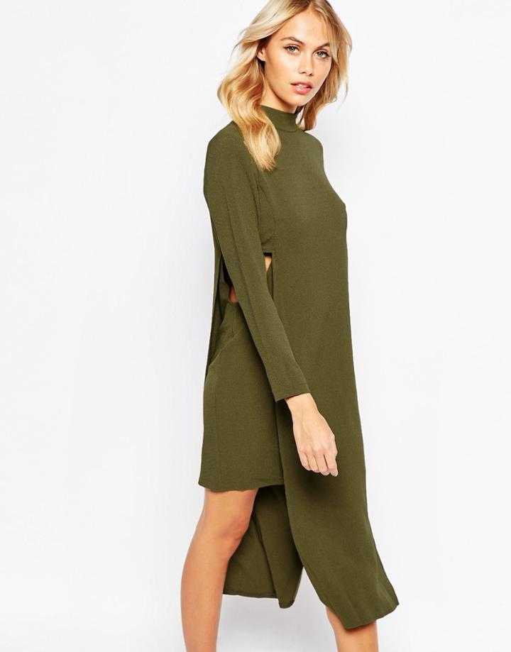 Love High Neck Pencil Dress With Overlay Detail - Khaki
