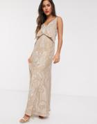 Asos Design Cowl Back Satin Embroidered Maxi Dress With Ladder Trim-neutral