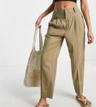 Asos Design Petite High Waisted Tapered Pants In Olive Linen-green