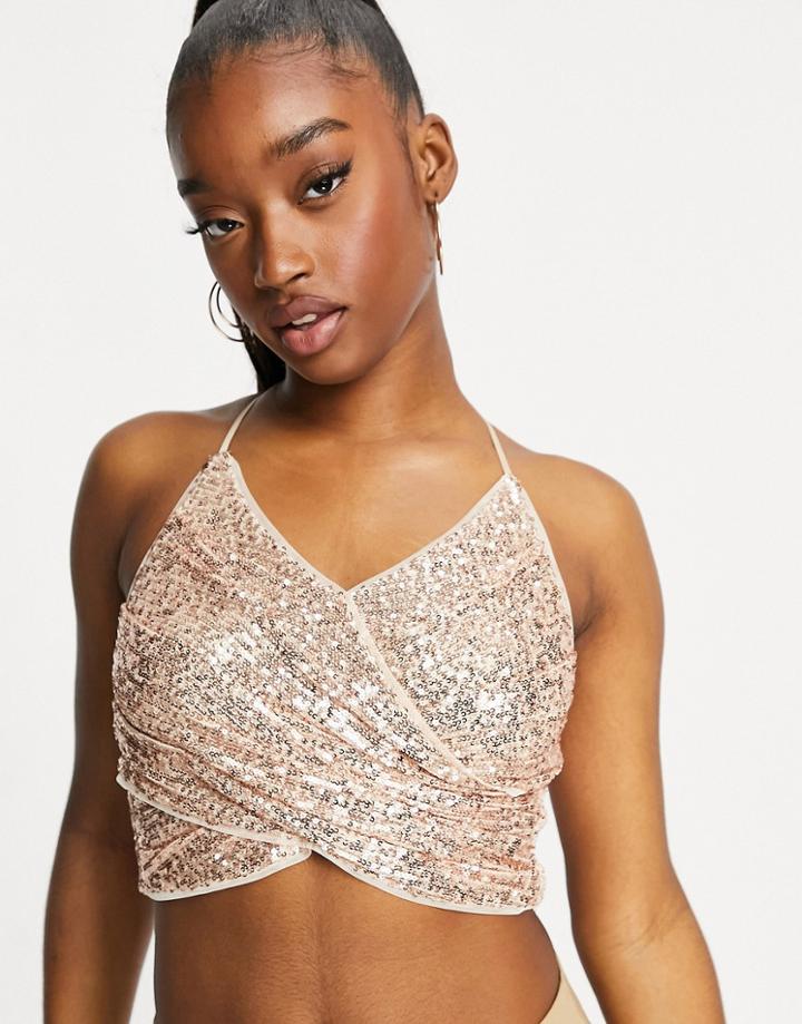 Jaded Rose Set Wrap Crop Top In Rose Gold Sequin-pink