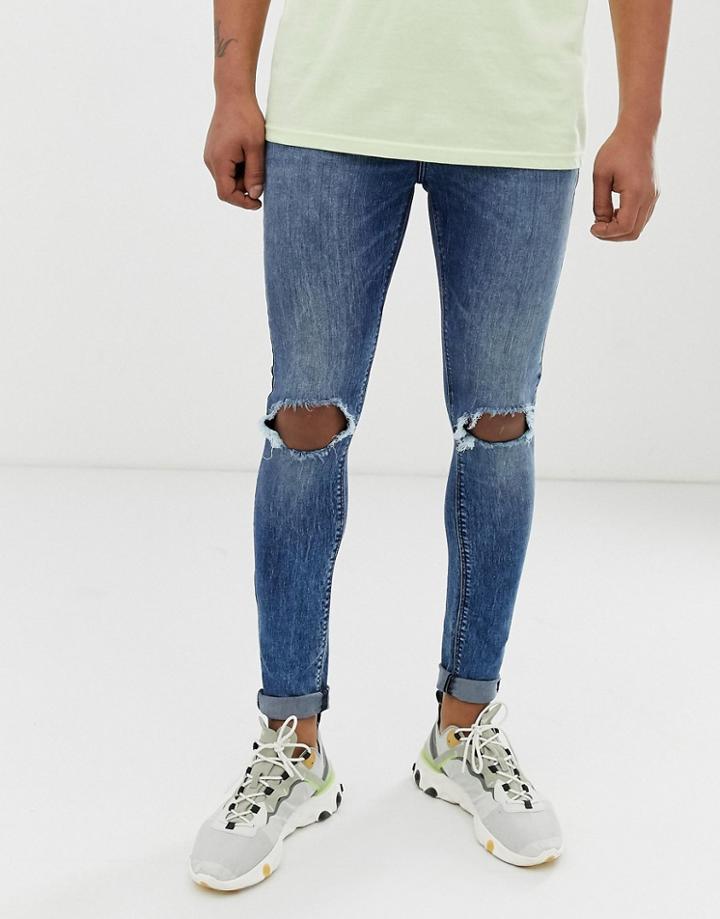Asos Design Spray On Jeans In Power Stretch With Busted Knee In Dark Wash Blue