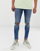 Asos Design Spray On Jeans In Power Stretch With Busted Knee In Dark Wash Blue