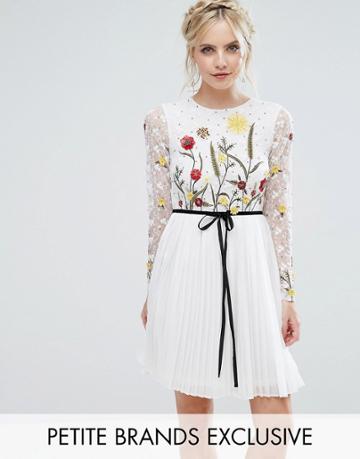 Frock And Frill Petite Premium Embroidered Floral Mini Skater Dress With Contrast Waist - White