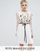 Frock And Frill Petite Premium Embroidered Floral Mini Skater Dress With Contrast Waist - White