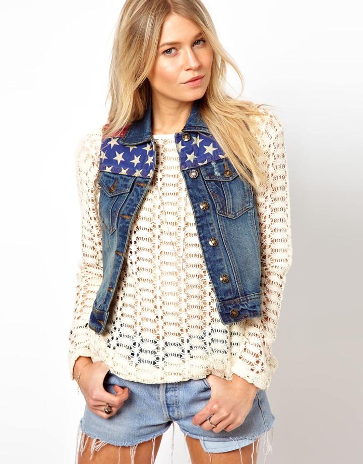 Brave Soul Denim Gilet With American Flag Trim