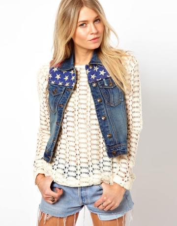 Brave Soul Denim Gilet With American Flag Trim