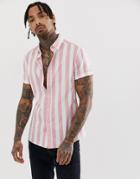 Asos Design Slim Stripe Shirt In Pink - Pink