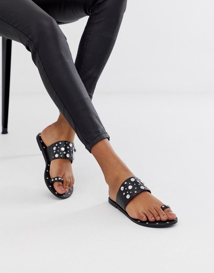 Asos Design Fanciful Premium Leather Embellished Top Loop Mules - Black