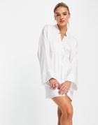 Asos Design Oversized Satin Shirt Mini Dress With Ruched Front-white
