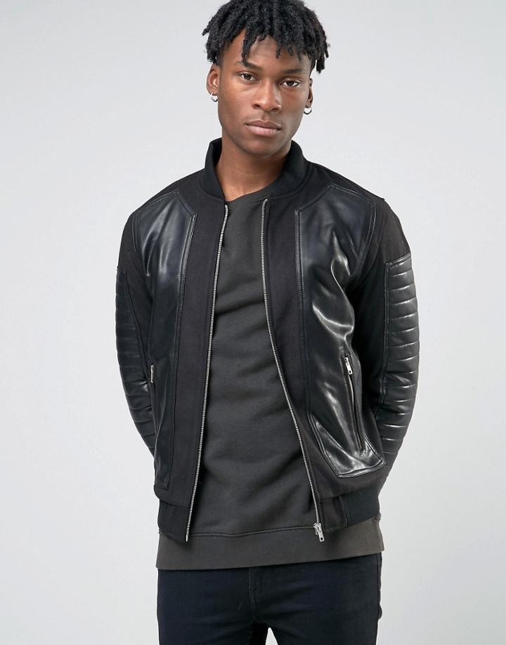 Bl7ck Bomber Biker Jacket In Faux Leather - Black