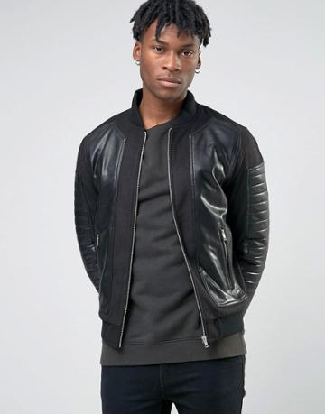 Bl7ck Bomber Biker Jacket In Faux Leather - Black