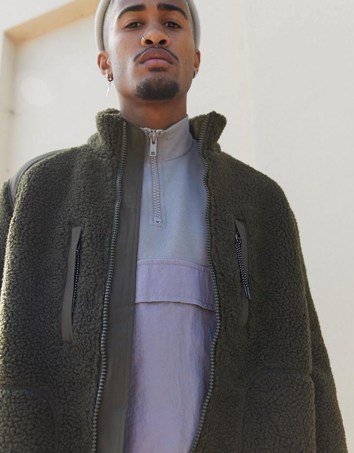 Asos Design Borg Jacket With Contrast Panel In Khaki-green