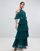 True Decadence Cold Shoulder Tiered Maxi Dress With Tassel Detail In Forest Green - Green
