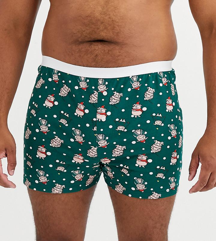 Asos Design Plus Holidays Boxer Short In Teal With Festive Pig Print-blue