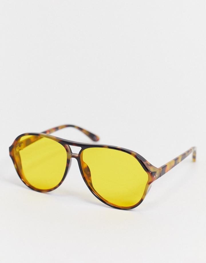 Asos Design 80's Oversized Navigator Sunglasses In Tort With Yellow Lens-brown