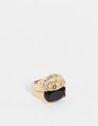 Asos Design Ring With Lion And Black Agate Stone In Gold Tone