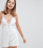 Fashion Union Petite Cami Romper In Broderie - White