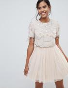 Asos Design Crop Top Fringe Embellishment Tulle Mini Dress - Beige