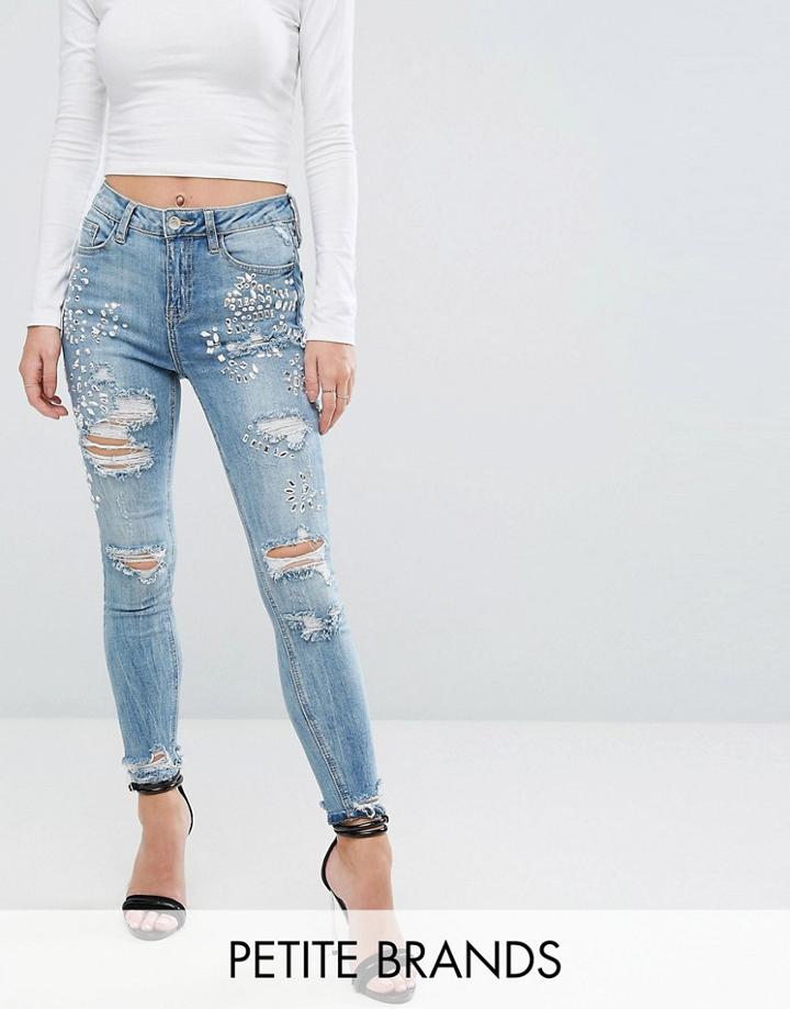 New Look Petite Encrusted Ripped Skinny Jeans - Blue