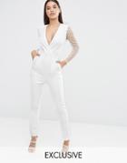 Naanaa Tuxedo Plunge Jumpsuit With Cut Out Out Mesh Sleeve - White