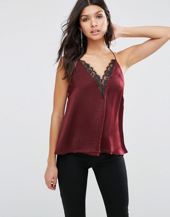 Asos Plunge Neck Lace Insert Satin Cami Top - Red