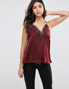 Asos Plunge Neck Lace Insert Satin Cami Top - Red