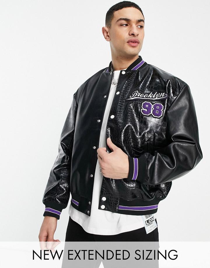 Asos Design Oversized Spliced Varsity Jacket In Black Croc Effect