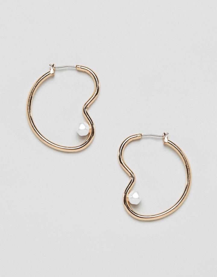 Asos Design Earrings In Abstract Open Shape With Faux Fresh Water Pearl In Gold - Gold