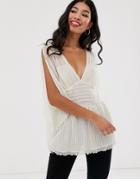 Asos Design V Neck Pleated Sheer Top With Fluted Sleeve - Black