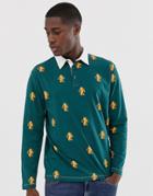 Asos Design Relaxed Long Sleeve Polo With All Over Heritage Print-green