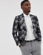 Moss London Slim Blazer With Monochrome Palm Jacquard In Black