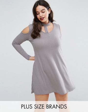 Be Jealous Plus Ribbed Swing Dress With Tie Neck - Silver