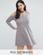 Be Jealous Plus Ribbed Swing Dress With Tie Neck - Silver