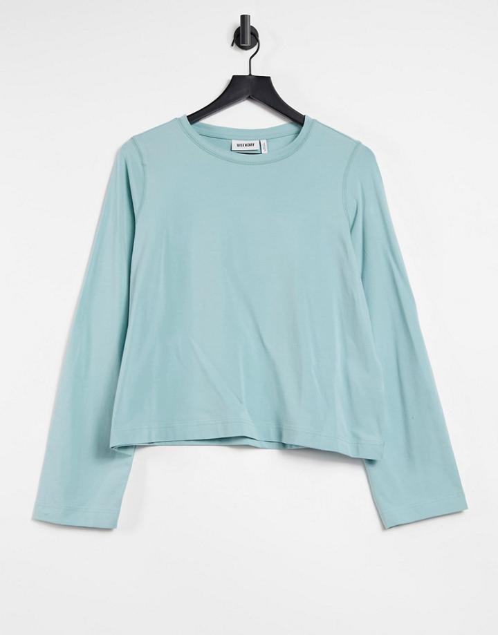 Weekday Trish Organic Cotton Long Sleeve Top In Dark Turquoise-green