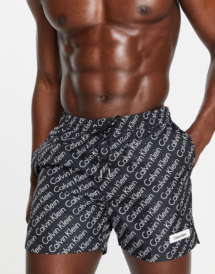 Calvin Klein All Over Monogram Logo Swim Shorts In Black