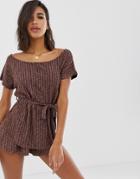 Asos Design Mix & Match Lounge Off Shoulder Top With Tie-brown