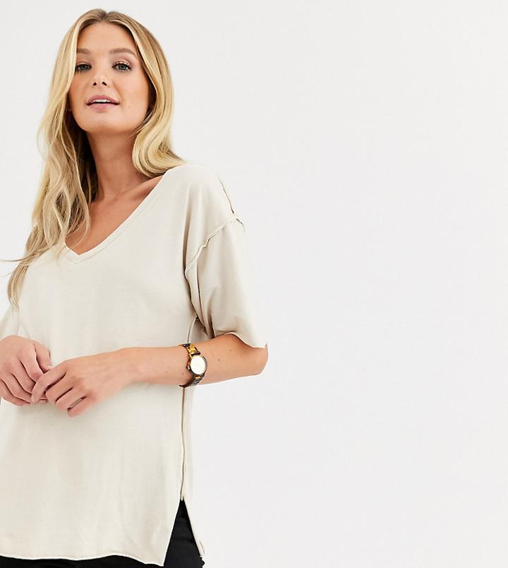 Asos Design Maternity V-neck Seam Detail T-shirt In Washed Stone-beige