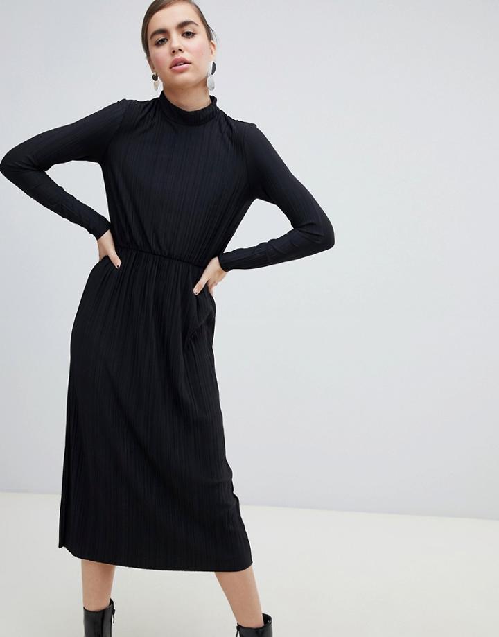 Monki High Neck Midi Plisse Dress In Black - Black