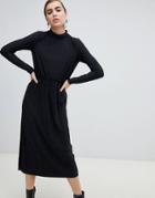 Monki High Neck Midi Plisse Dress In Black - Black