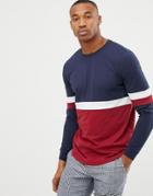 Asos Design Longline Long Sleeve T-shirt With Curved Hem In Color Block - Navy