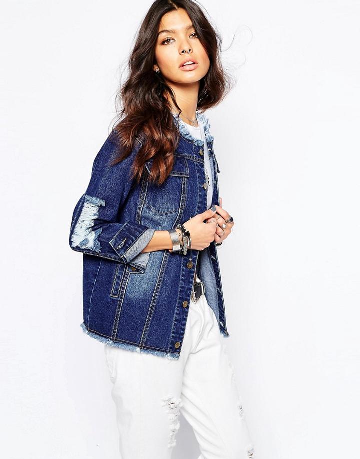 Liquor & Poker Raw Edge Denim Trucker Jacket With Distressing - Blue