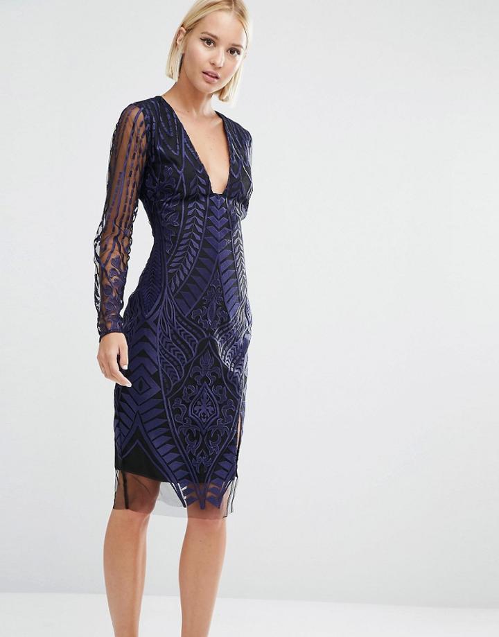 Lavish Alice Embroidered Mesh Deep Plunge Side Split Midi Dress - Navy