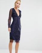 Lavish Alice Embroidered Mesh Deep Plunge Side Split Midi Dress - Navy
