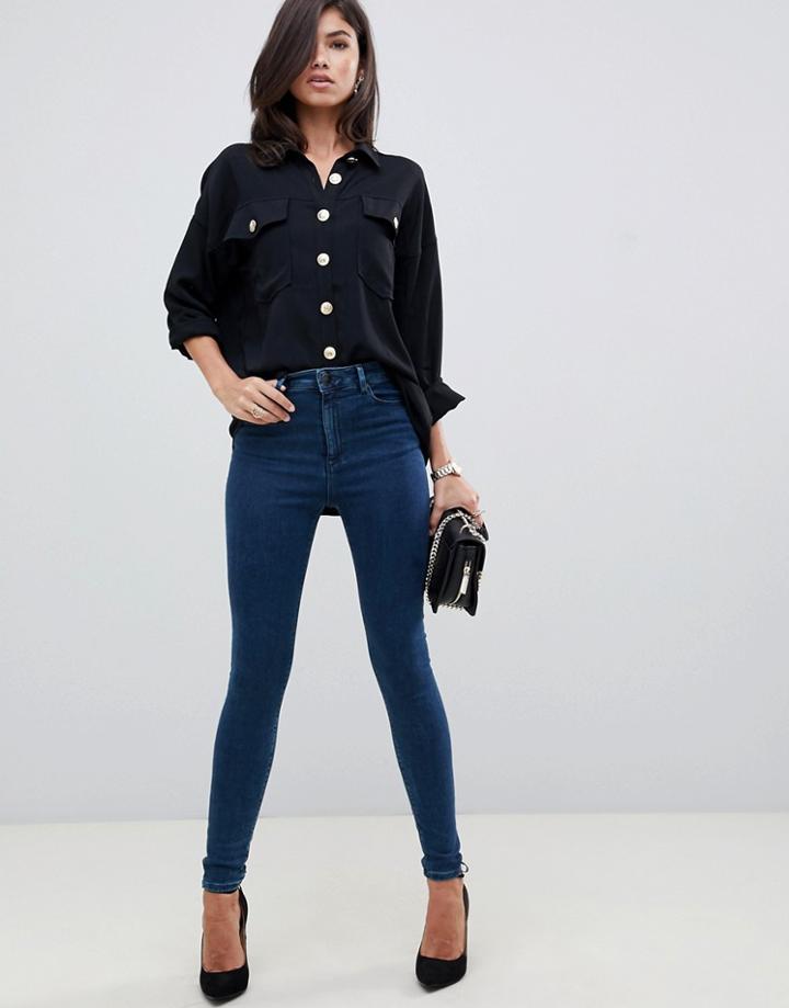Asos Design Ridley High Waist Skinny Jeans In Dark Green Blue Tone Wash - Blue