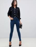 Asos Design Ridley High Waist Skinny Jeans In Dark Green Blue Tone Wash - Blue