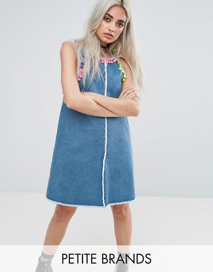 Jaded London Petite Denim Mini Dress With Pom Pom Trim Detail - Blue
